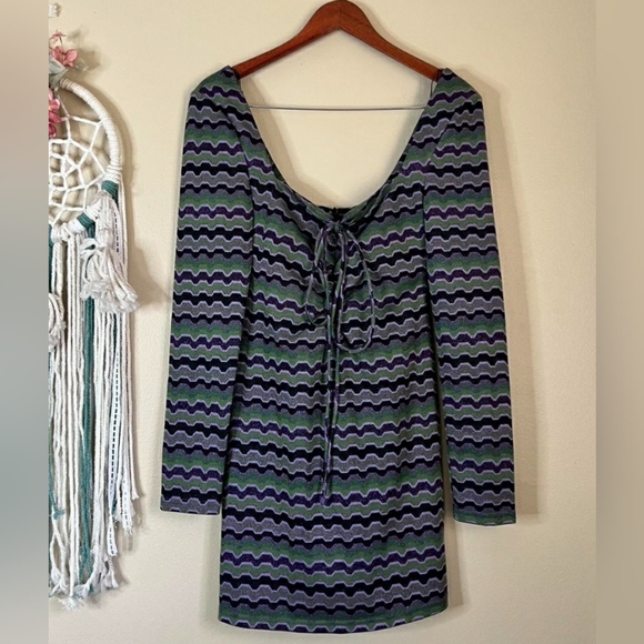 NWT Zara Purple Green Metallic Zig Zag Knit Keyhole Retro Mini Dress Size S - Picture 2 of 10